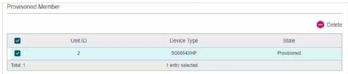 Provisioned Member Unit ID Device Type State 2 SG6654XHP Provisioned Total: 1 1 entry selected.