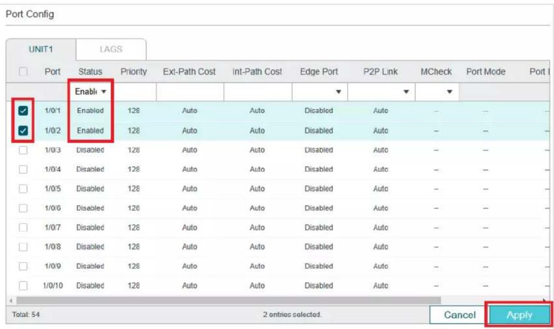 Port Config UNIT1 LAGS Port Status Priority Ext-Path Cost Int-Path Cost Edge Port P2P Link MCheck Port Mode Port I Enabl ▼ ✓ 1/0/1 Enabled 128 Auto Auto Disabled Auto -- -- ✓ 1/0/2 Enabled 128 Auto Auto Disabled Auto -- -- □ 1/0/3 Disabled 128 Auto Auto Disabled Auto -- -- □ 1/0/4 Disabled 128 Auto…