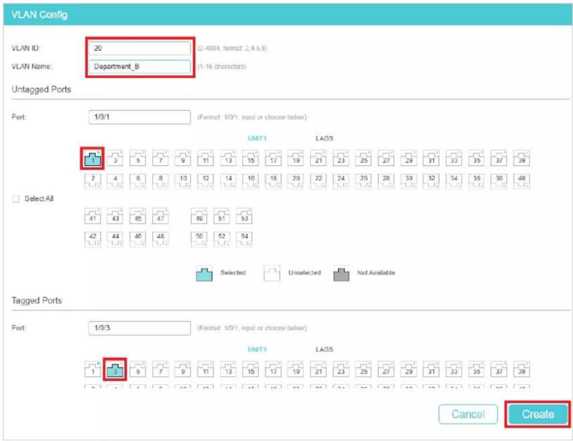 VLAN Config VLAN ID: 20 (2-4094, format 2,4-5,8) VLAN Name: Department_B (1-16 characters) Untagged Ports Port: 1/0/1 (Format: 1/0/1, input or choose below) UNIT1 LAGS 1 3 5 7 9 11 13 15 17 19 21 23 25 27 29 31 33 35 37 39 2 4 6 8 10 12 14 16 18 20 22 24 26 28 30 32 34 36 38 40 Select All 41 43 45 4…