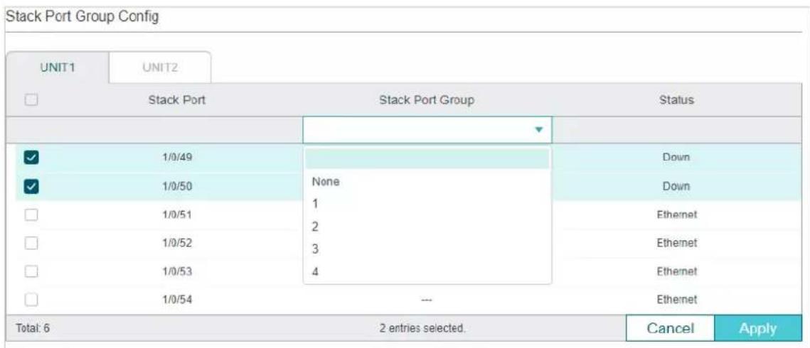Stack Port Group Config UNIT1 UNIT2 Stack Port Stack Port Group Status 1/0/49 Down 1/0/50 None Down 1/0/51 1 Ethernet 1/0/52 2 Ethernet 1/0/53 3 Ethernet 1/0/54 4 Ethernet Total: 6 2 entries selected. Cancel Apply