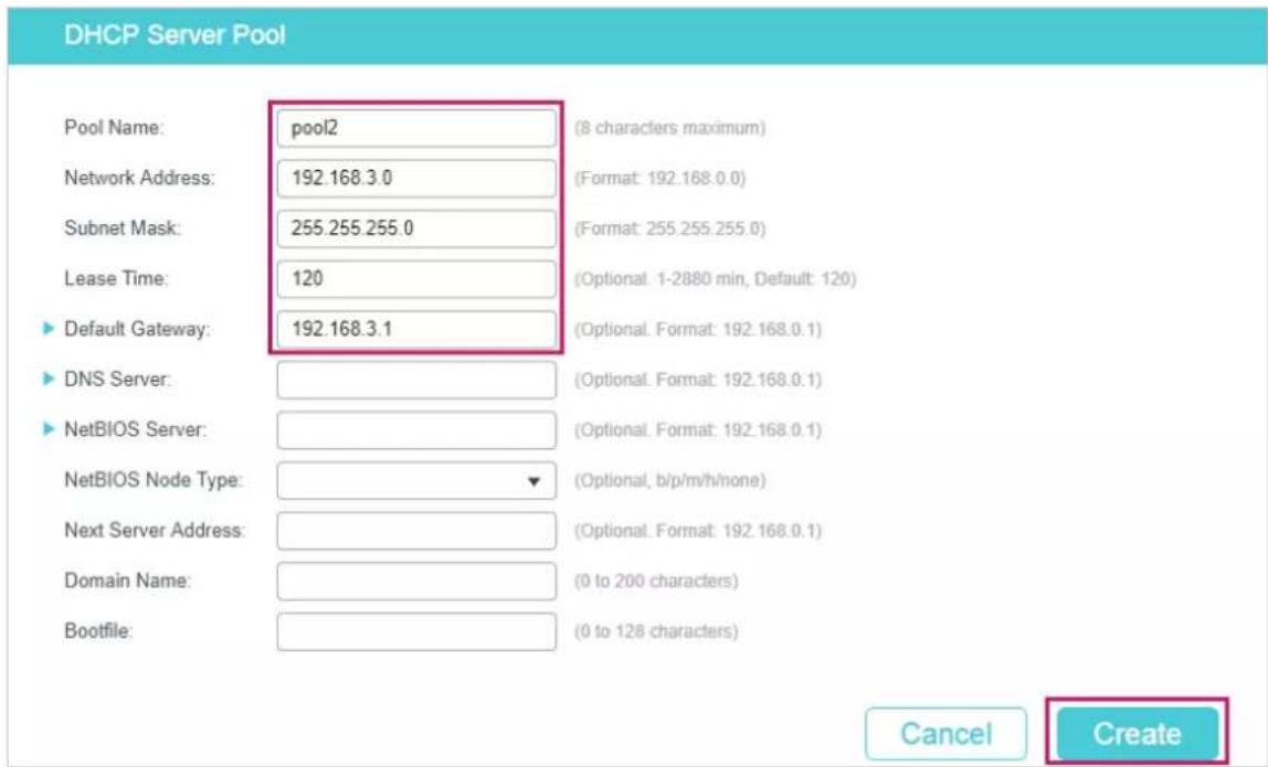 DHCP Server Pool Pool Name: pool2 (8 characters maximum) Network Address: 192.168.3.0 (Format: 192.168.0.0) Subnet Mask: 255.255.255.0 (Format: 255.255.255.0) Lease Time: 120 (Optional: 1-2880 min, Default: 120) Default Gateway: 192.168.3.1 (Optional. Format: 192.168.0.1) DNS Server: (Optional. Form…