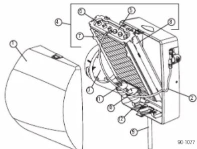 Technical diagram of an electrical switchgear assembly with numbered components and wiring labels