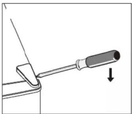 Diagram of a tool interacting with a mechanical component, showing a lever and a downward arrow (no text or symbols)