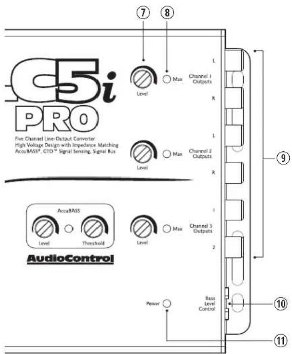 C5i PRO Five Channel Line-Output Converter High Voltage Design with Impedance Matching AccuBASS®, GTO™ Signal Sensing, Signal Bus Level Max Channel 1 Outputs L R L Channel 2 Outputs Level Max R AccuBASS Level Threshold Level Max Channel 3 Outputs 2 AudioControl Power Bass Level Control ⑦ ⑧ ⑨ ⑩ ⑪