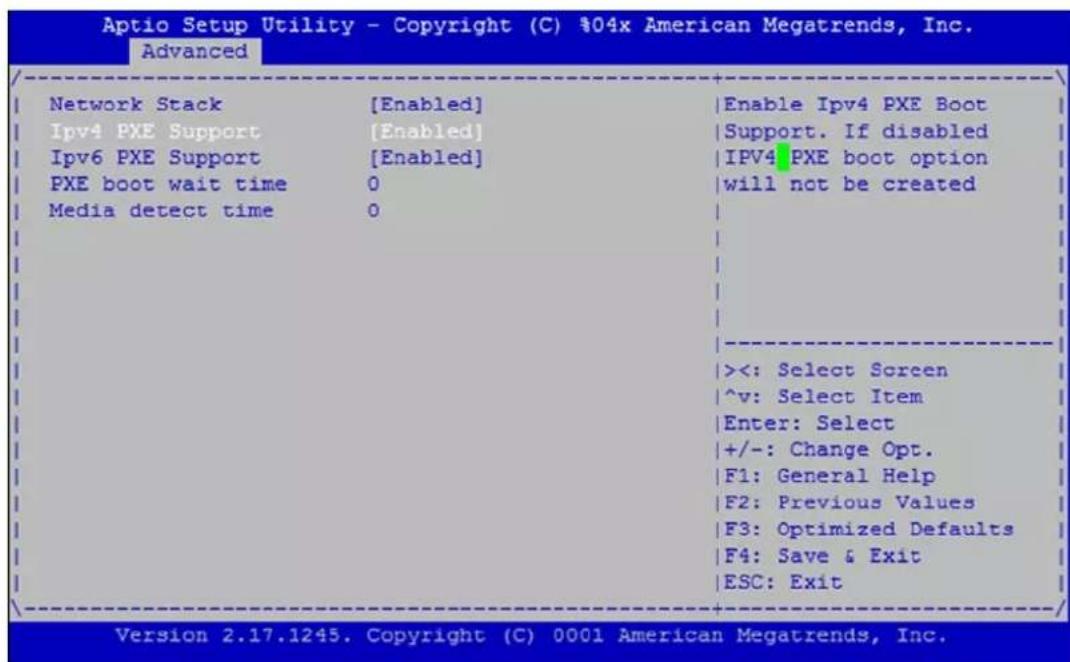 Optio Setup Utility - Copyright (C) $04x American Megatrends, Inc. Advanced Network Stack [Enabled] Enable IPv4 PXE Boot IPv4 PXE Support [Enabled] Support. If disabled IPv6 PXE Support [Enabled] IPV4 PXE boot option PXE boot wait time 0 will not be created Media detect time 0 <<: Select Screen ^v: Select Item Enter: Select +/-: Change Opt. F1: General Help F2: Previous Values F3: Optimized Defaults F4: Save & Exit ESC: Exit Version 2.17.1245. Copyright (C) 0001 American Megatrends, Inc.