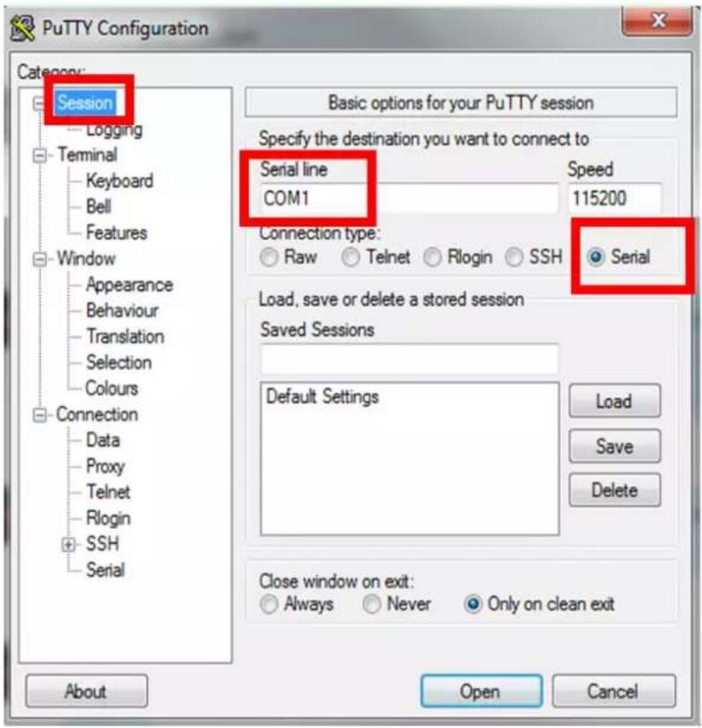 PuTTY Configuration Category: Session Logging Terminal Keyboard Bell Features Window Appearance Behaviour Translation Selection Colours Connection Data Proxy Telnet Rlogin SSH Serial Basic options for your PuTTY session Specify the destination you want to connect to Serial line COM1 Speed 115200 Connection type: Raw Telnet Rlogin SSH Serial Load, save or delete a stored session Saved Sessions Default Settings Load Save Delete Close window on exit: Always Never Only on clean exit About Open Cancel