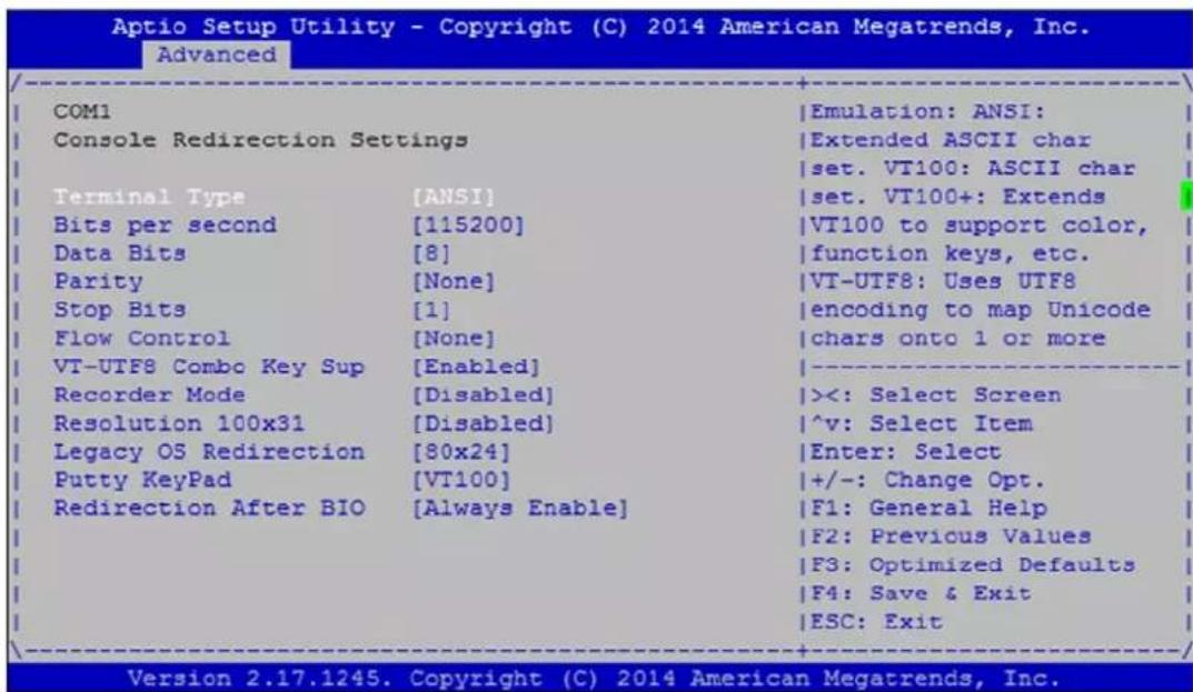 Aptio Setup Utility - Copyright (C) 2014 American Megatrends, Inc. Advanced COM1 Console Redirection Settings |Emulation: ANSI: |Extended ASCII char |set. VT100: ASCII char |set. VT100+: Extends |VT100 to support color, |function keys, etc. |VT-UTF8: Uses UTF8 |encoding to map Unicode |chars onto 1 or more |---- |<<: Select Screen |^v: Select Item |Enter: Select |+/-: Change Opt. |F1: General Help |F2: Previous Values |F3: Optimized Defaults |F4: Save & Exit |ESC: Exit Version 2.17.1245. Copyright (C) 2014 American Megatrends, Inc.