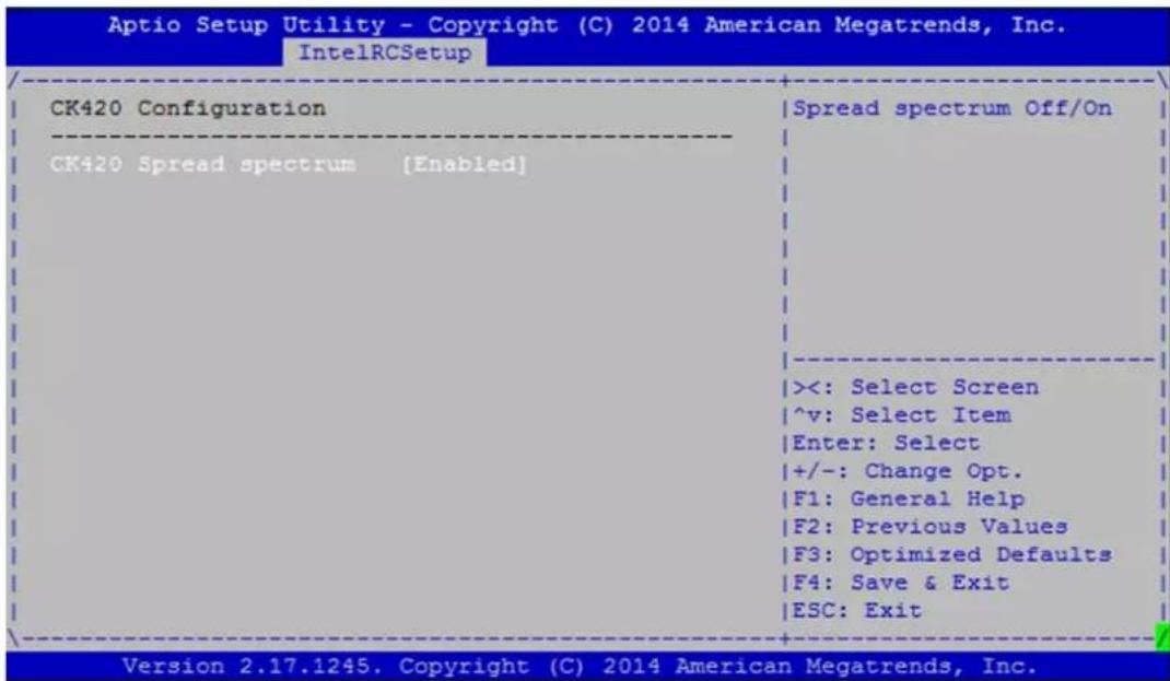 Aptio Setup Utility - Copyright (C) 2014 American Megatrends, Inc. IntelRCSetup CK420 Configuration CK420 Spread spectrum [Enabled] Spread spectrum Off/On ><: Select Screen ^v: Select Item Enter: Select +/-: Change Opt. F1: General Help F2: Previous Values F3: Optimized Defaults F4: Save & Exit ESC: Exit Version 2.17.1245. Copyright (C) 2014 American Megatrends, Inc.