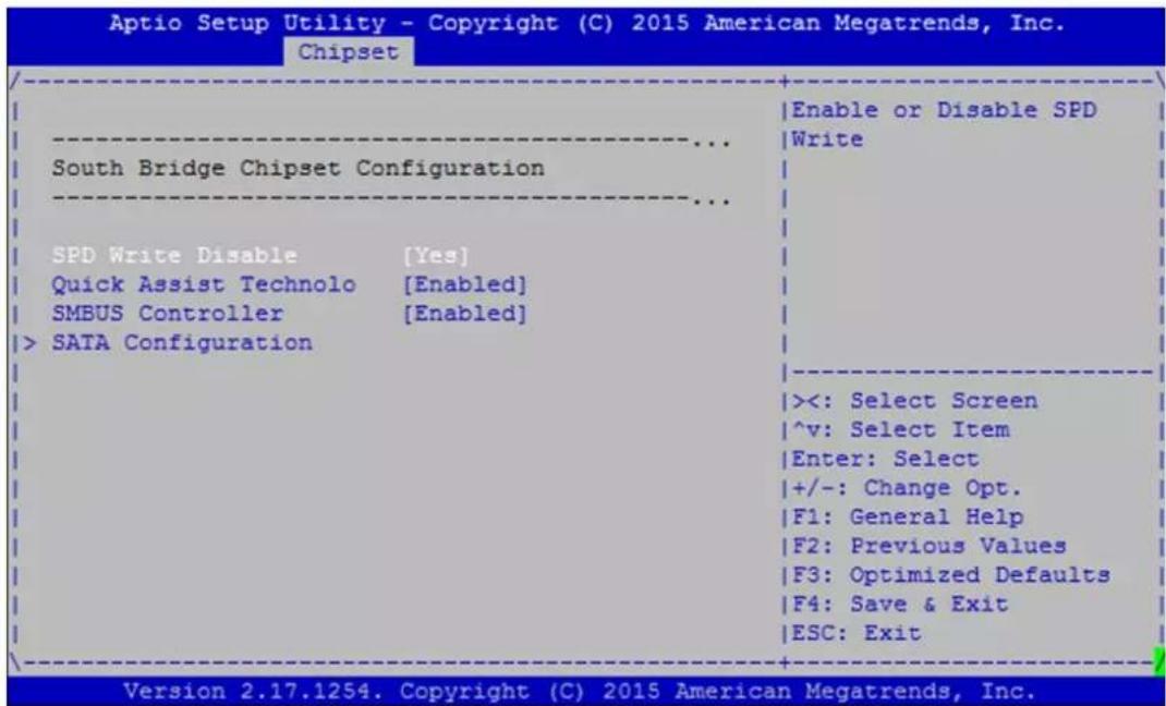 Aptio Setup Utility - Copyright (C) 2015 American Megatrends, Inc. Chipset South Bridge Chipset Configuration SPD Write Disable [Yes] Quick Assist Technolo [Enabled] SMBUS Controller [Enabled] >SATA Configuration Enable or Disable SPD Write ><: Select Screen ^v: Select Item Enter: Select +/-: Change Opt. F1: General Help F2: Previous Values F3: Optimized Defaults F4: Save & Exit ESC: Exit Version 2.17.1254. Copyright (C) 2015 American Megatrends, Inc.