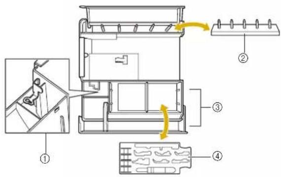 Technical diagram of a device interior with numbered components and directional arrows indicating flow or movement.
