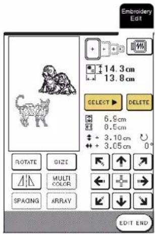 Embroidery Edit 14.3 cm 13.8 cm SELECT ▶ DELETE 6.9 cm 0.5 cm + 3.10 cm + 3.05 cm 0° ROTATE SIZE MULTI COLOR SPACING ARRAY EDIT END