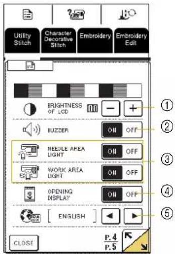 Utility Stitch Character Decorative Stitch Embroidery Embroidery Edit BRIGHTNESS OF LCD BUZZER NEEDLE AREA LIGHT WORK AREA LIGHT OPENING DISPLAY [ ENGLISH ] CLOSE P. 4 P. 5