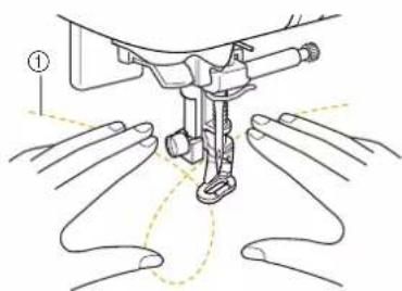 Technical diagram showing a sewing machine needle with labeled parts and motion lines
