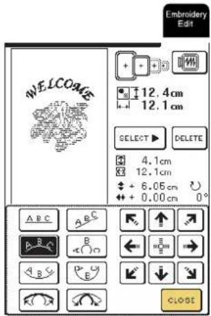 Embroidery Edit WELCOME 12.4cm 12.1cm SELECT ▶ DELETE 4.1cm 12.1cm + 6.05 cm + 0.00 cm 0° ABC ABC A B C B C D A B E CLOCK
