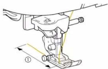 Technical diagram of a sewing machine with labeled parts and measurement annotation