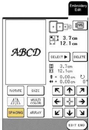 ABCD + + 3.7cm 12.1cm SELECT ▶ DELETE 3.7cm 12.1cm + + 0.00cm + + 0.00cm 0° ROTATE GIZE Δ MULTI COLOR SPACING ARRAY EBroidery Edit ← → ↓ ↓ EDIT END