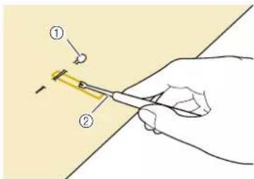 Diagram showing a hand holding a tool with labeled parts, including numbered callouts ① and ②.
