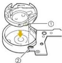 Technical diagram of a mechanical assembly with labeled parts ① and ②, showing internal components and motion indicators.
