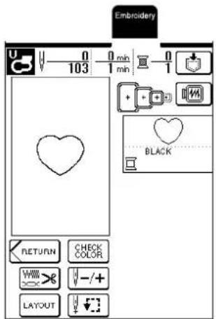 Embroidery U 0 min 103 1 min + - + - BLACK RETURN CHECK COLOR W - + LAYOUT ↓3