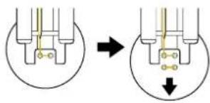 Diagram showing a mechanical or electrical component before and after transformation, with arrows indicating direction of movement.
