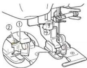 Technical diagram of a sewing machine with labeled parts, showing mechanical assembly and component alignment