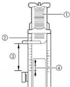 Technical diagram of a mechanical device with numbered parts and measurement indicators