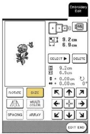 Embroidery Edit 9.2 cm 6.9 cm SELECT ▶ DELETE 9.2 cm 6.9 cm + + 0.00 cm + + 0.00 cm 0° ROTATE SIZE MULTI COLOR SPACING ARRAY EDIT END