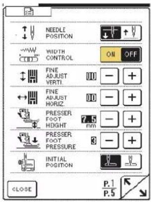 NEEDLE POSITION WIDTH CONTROL FINE ADJUST VERTI. FINE ADJUST HORIZ. PRESSER FOOT HEIGHT PRESSER FOOT PRESSURE INITIAL POSITION CLOSE P.1 P.5