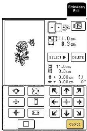 Embroidery Edit 11.0 cm 8.3 cm SELECT ▶ DELETE 11.0 cm 8.3 cm + + 0.00 cm + + 0.00 cm 0° CLOSE