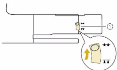 Technical diagram showing a mechanical assembly with labeled components and an inset magnified view of a device's motion.