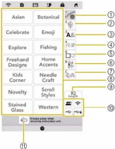 Asian Celebrate Explore Freehand Designs Kids Corner Novelty Stained Glass Botanical Emoji Fishing Home Accents Needle Craft Scroll Styles Western Always press when removing embroidery unit.