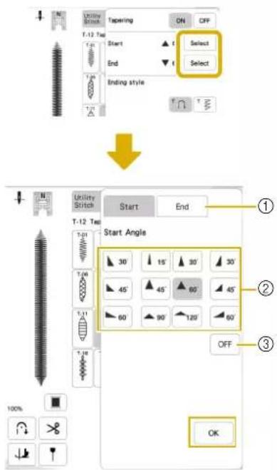 Tapering ON OFF Start Select End Select Ending style T-12 Tip Start End T-12 Tip Start Angle 30° 15° 30° 30° 45° 45° 60° 45° 60° 90° 120° 60° OFF OK