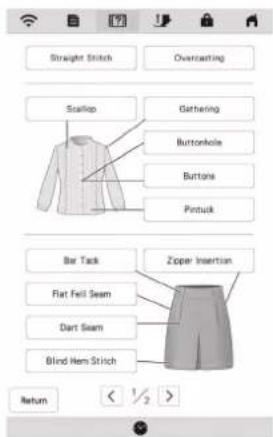 Straight Stitch Overcasting Scallop Gathering Buttonhole Buttons Pinnuck Bar Tack Zopper Insertion Flat Feil Seam Dart Seam Blind Hem Stitch Return