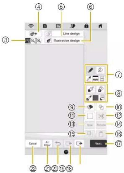 Screenshot of a mobile design software interface with numbered UI elements and tool icons