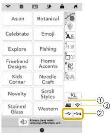 Asian Celebrate Explore Freehand Designs Kids Corner Novelty Stained Glass Botanical Emoji Fishing Home Accents Needle Craft Scroll Styles Western Always press when removing embroidery unit. IQ Designer ① ③ ②