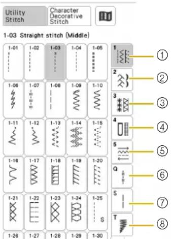 Utility Stitch Character Decorative Stitch 1-03 Straight stitch (Middle) 1-01 1-02 1-03 1-04 1-05 1-06 1-07 1-08 1-09 1-10 1-11 1-12 1-13 1-14 1-15 1-16 1-17 1-18 1-19 1-20 1-21 1-22 1-23 1-24 1-25 1-26 1-27 1-28 1-29 1-30