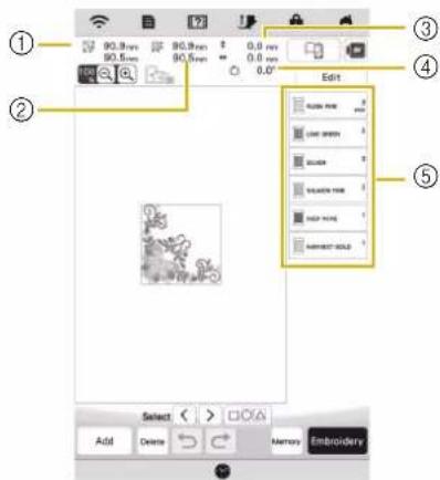 Screenshot of a mobile app interface with numbered UI elements and a preview window showing a floral image.