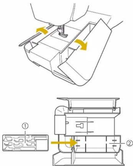 Technical diagram showing assembly steps of a device with labeled components and directional arrows indicating motion.