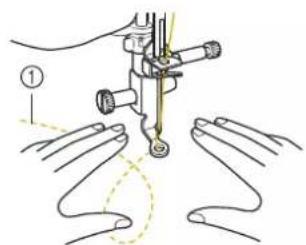 Diagram showing sewing process with labeled parts and directional arrows indicating thread movement