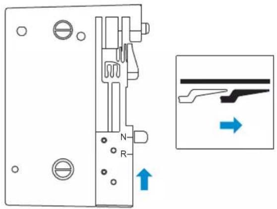 Technical diagram of a mechanical switch or bracket with labeled components and an inset showing a lever mechanism.