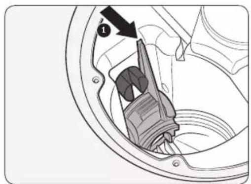 Technical diagram of a mechanical component with labeled parts and an arrow indicating direction