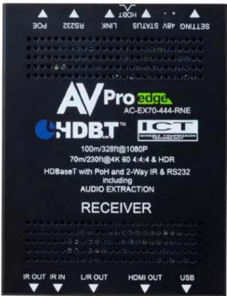 SETTING 4AV STATUS LINK RS232 POE AVPro edge AC-EX70-444-RNE HDBT™ 100m/328ft@1080P 70m/230ft@4K 60 4:4:4 & HDR HDBaseT with PoH and 2-Way IR & RS232 including AUDIO EXTRACTION RECEIVER IR OUT IR IN L/R OUT HDMI OUT USB