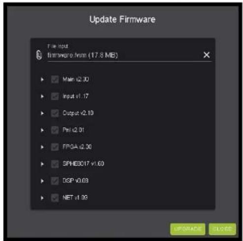 Update Firmware File input firmware.firm (17.8 MB) Main v2.30 Input v1.17 Output v2.19 Print v2.01 FPGA v2.30 SPHEBC017 v1.60 DSP v0.09 NET v1.03 UPDRAD CLOSES