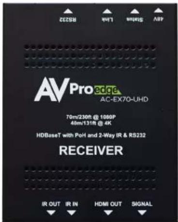 AV Pro edge AC-EX70-UHD 70m/230F @ 1080P 40m/131R @ 4K HDBaseT with PoH and 2-Way IR & RS232 RECEIVER IR OUT IR IN HDMI OUT SIGNAL