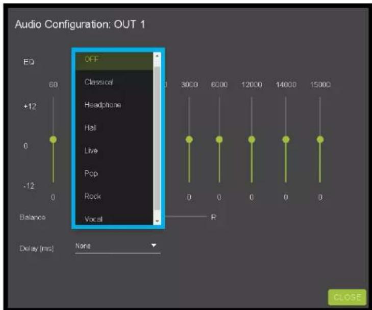 Audio Configuration: OUT 1 EQ 60 +12 0 -12 Balance OFF Classical Headphone Hall Live Pop Rock Vocal 3000 6000 12000 14000 15000 P Delay (ms) None