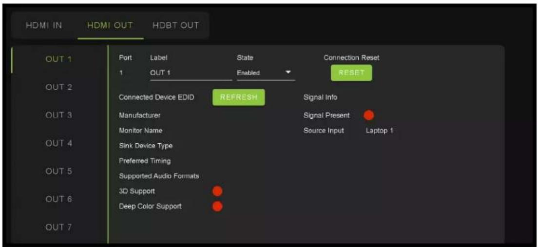 HDMI IN HDMI OUT HDBT OUT OUT 1 Port Label State Connection Reset 1 OUT 1 Enabled RESET Connected Device EDID REFRESH Signal Info Manufacturer Signal Present Monitor Name Source Input Laptop 1 Sink Device Type Preferred Timing Supported Audio Formats 3D Support Deep Color Support