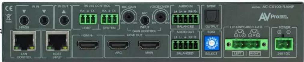 CE IR IN IR OUT RS 232 CONTROL RX + TX RX + TA MIC GAIN MIC VOICE-OVER AUDIO IN L+ L+ R+ R- BALANCED SPDIF MODEL AC-CX100-RAMP AVProSOL I-PASS HDBT SYSTEM INPUT GAIN CONTROL HDMI IN HDMI OUT AudiO OUT LEDIO L+ L+ R+ R- BALANCED SELECT LOUDSPEAKER 4-8:0 POWER LAN CONTROL HDBT INPUT ARC MAIN BALANCED SELECT LEFT RIGHT 24V / DC