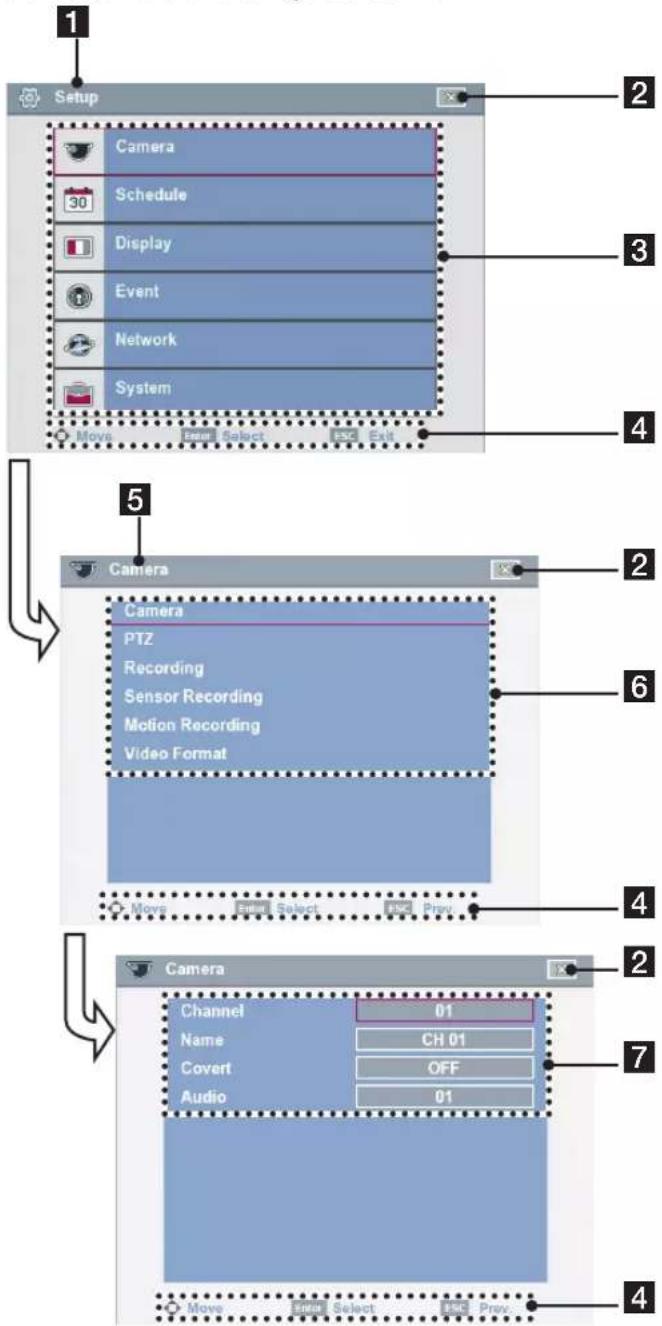 Setup Camera 30 Schedule Display Event Network System Move Enter Select ESC Exit Camera Camera PTZ Recording Sensor Recording Motion Recording Video Format Move Enter Select ESC Prev Camera Channel 01 Name CH 01 Covert OFF Audio 01 Move Enter Select ESC Prev
