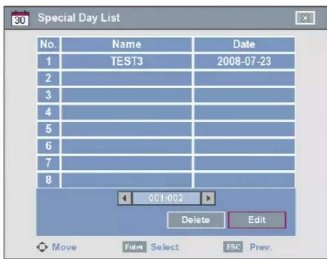 30 Special Day List No. Name Date 1 TEST3 2008-07-23 2 3 4 5 6 7 8 001/002 Delete Edit Move Enter Select ESC Prev.