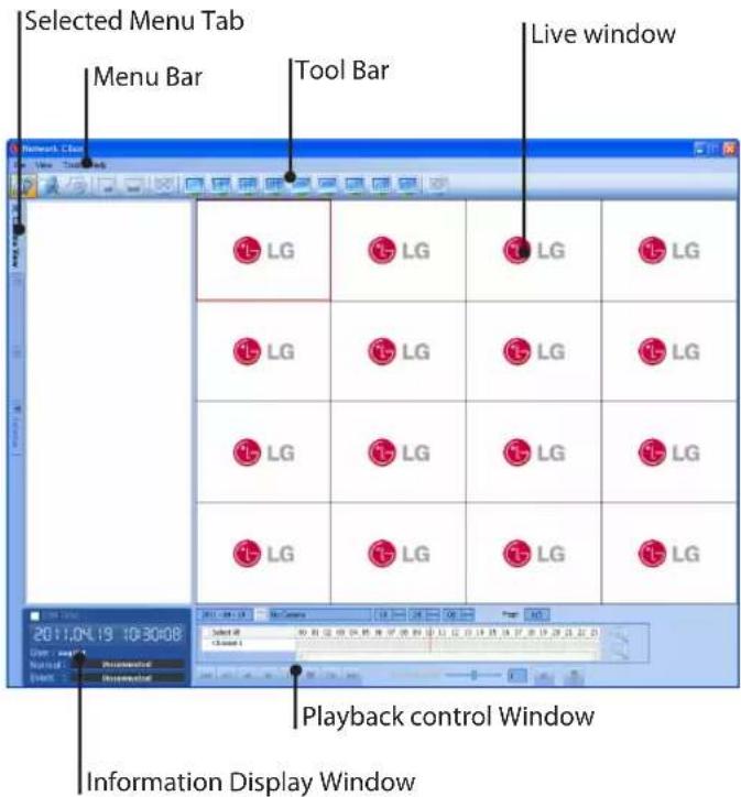 Selected Menu Tab Menu Bar Tool Bar Live window 2011.04.19 10:30:08 LG LG LG LG LG LG LG LG LG LG LG Playback control Window Information Display Window